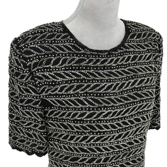 Laurence Kazar Top Plus Size 2X XXL Black Silk Blouse Silver Beads Vintage - Picture 6 of 13